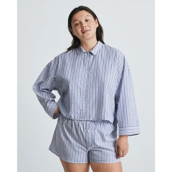 Everlane Woven Button Up Shirt Striped Blue XS Cotton Long Sleeve Collared Loose - Picture 3 of 10